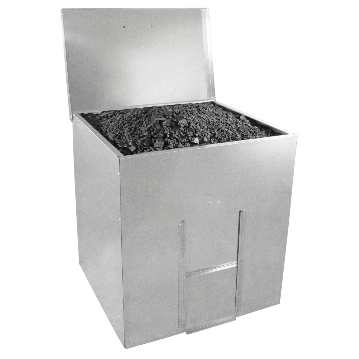 Galvanised coal bunker with a 250kg capacity, featuring a sturdy metal construction and a hinged lid, filled with coal