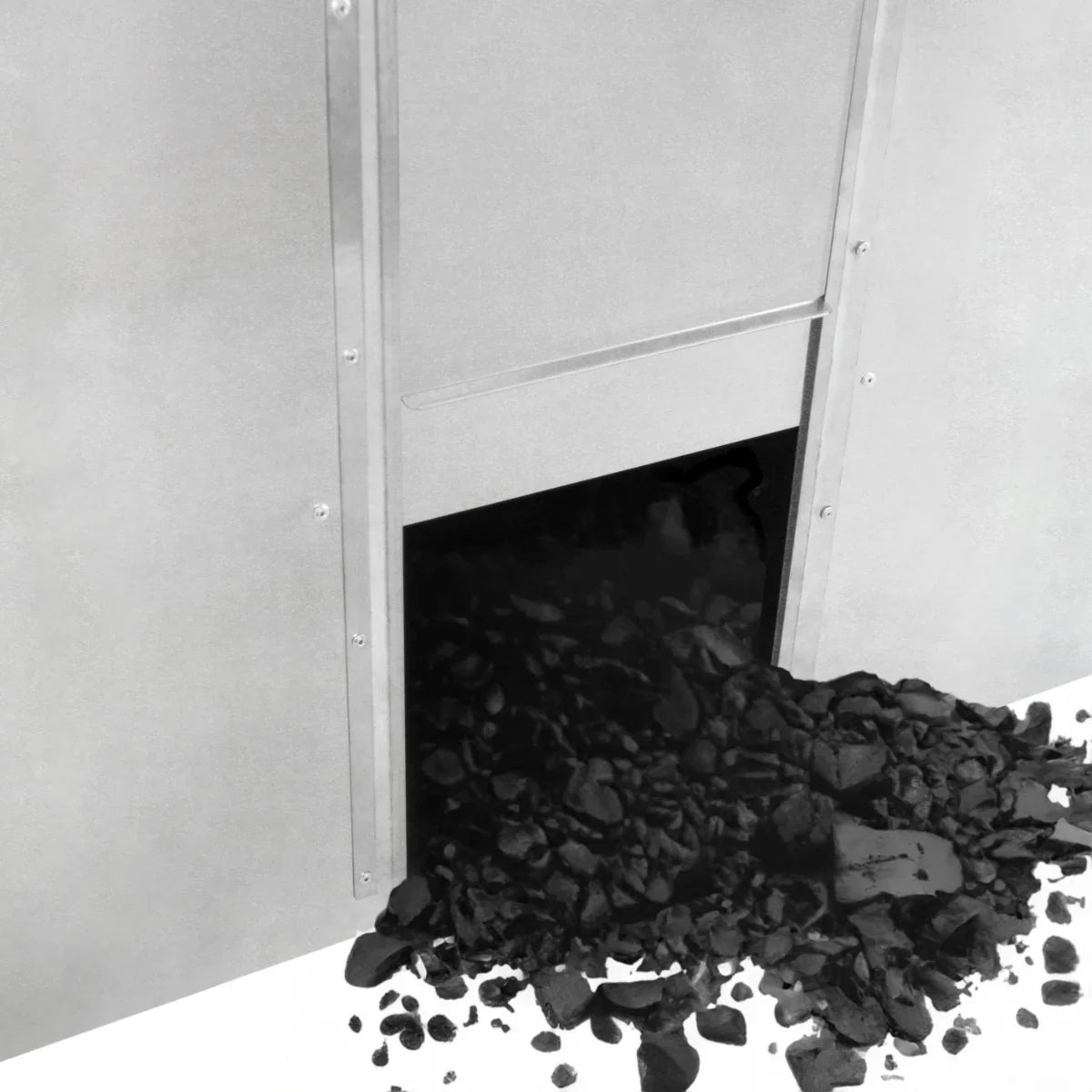 Galvanised coal bunker with a 250kg capacity, featuring a sturdy metal design and coal spilling from the opening at the base