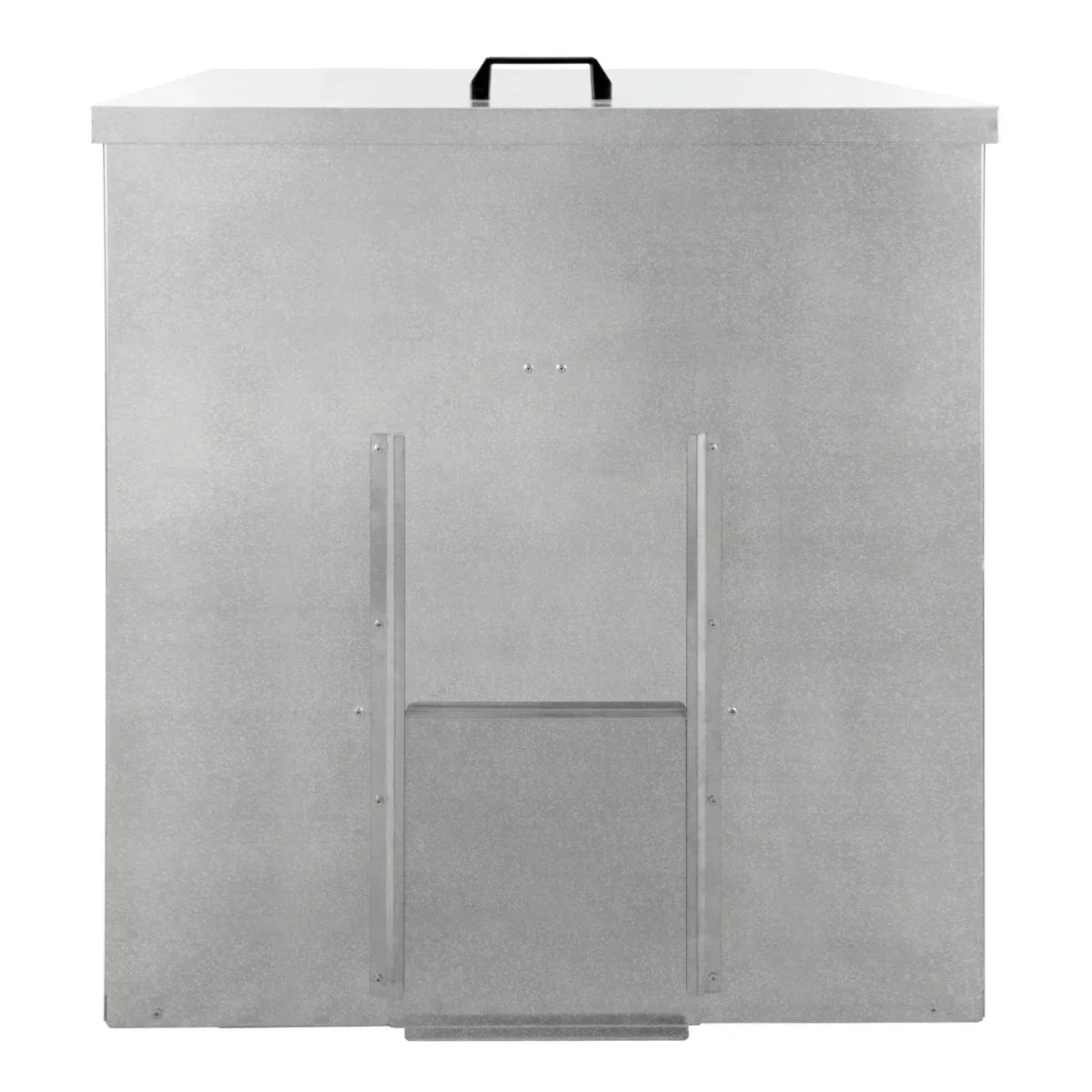 Galvanised coal bunker for 250kg storage, featuring a sleek silver finish, sturdy metal construction, and a convenient handle on top