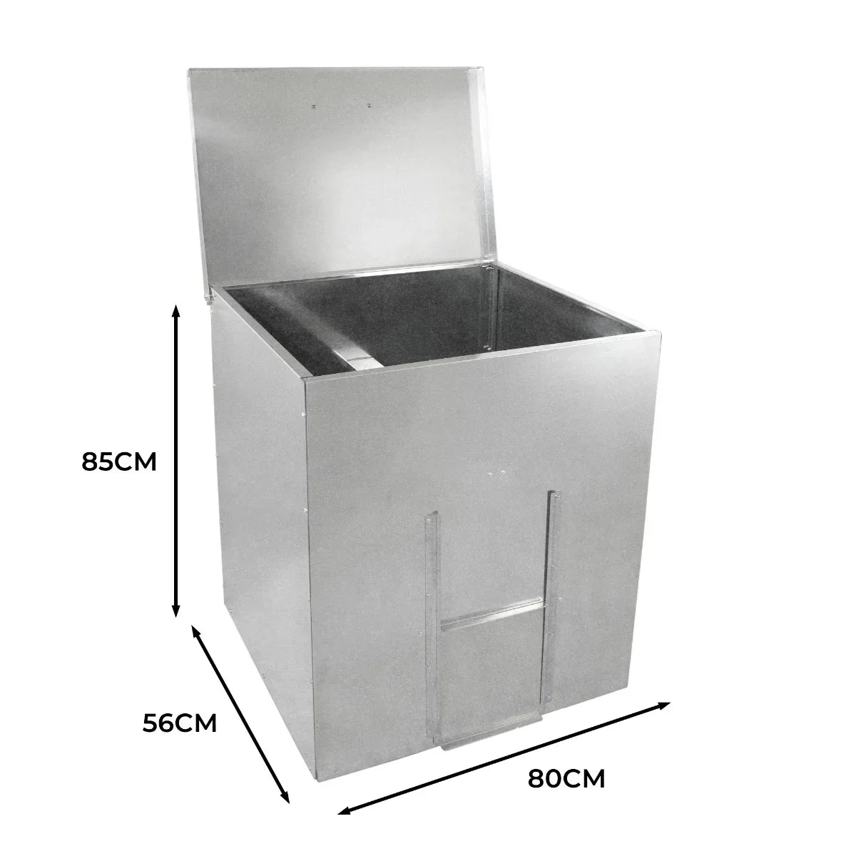 Galvanised coal bunker with a shiny silver finish, featuring a hinged lid, rectangular shape, and dimensions of 85cm x 80cm x 56cm