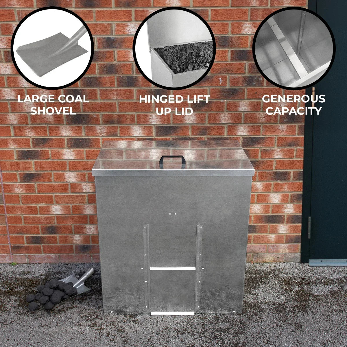 Galvanised coal bunker with a hinged lid, large shovel, and generous 250kg capacity, set against a brick wall background