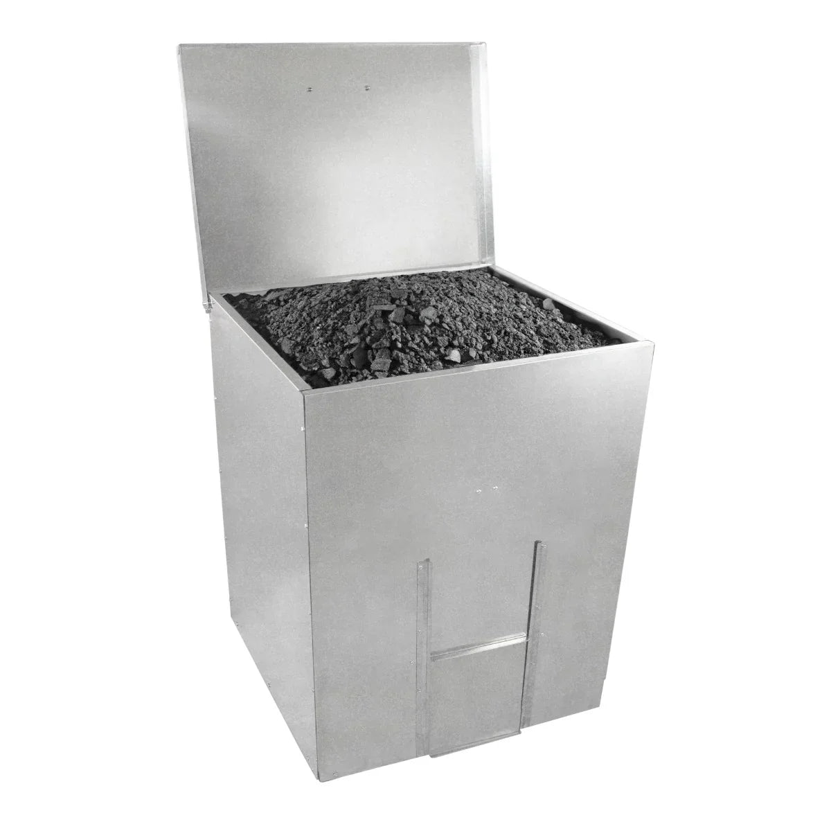 Galvanised coal bunker with a sturdy silver finish, holding 350kg of coal, featuring a hinged lid for easy access