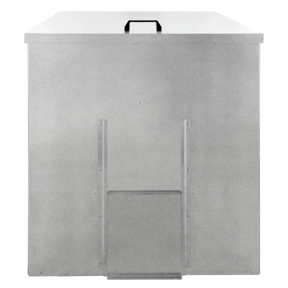 Galvanised coal bunker with a sturdy metal construction, featuring a flat top, handle, and ventilation slot for easy access and durability