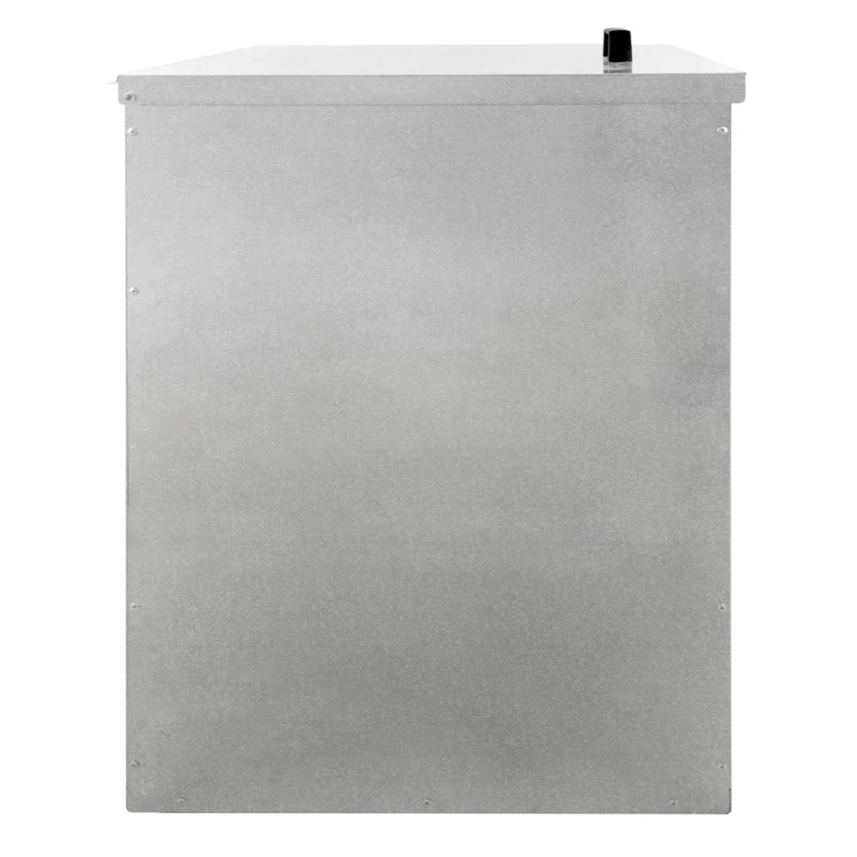 Galvanised coal bunker with a sleek metallic finish, designed for durability, featuring a flat top and a side access lid for easy loading
