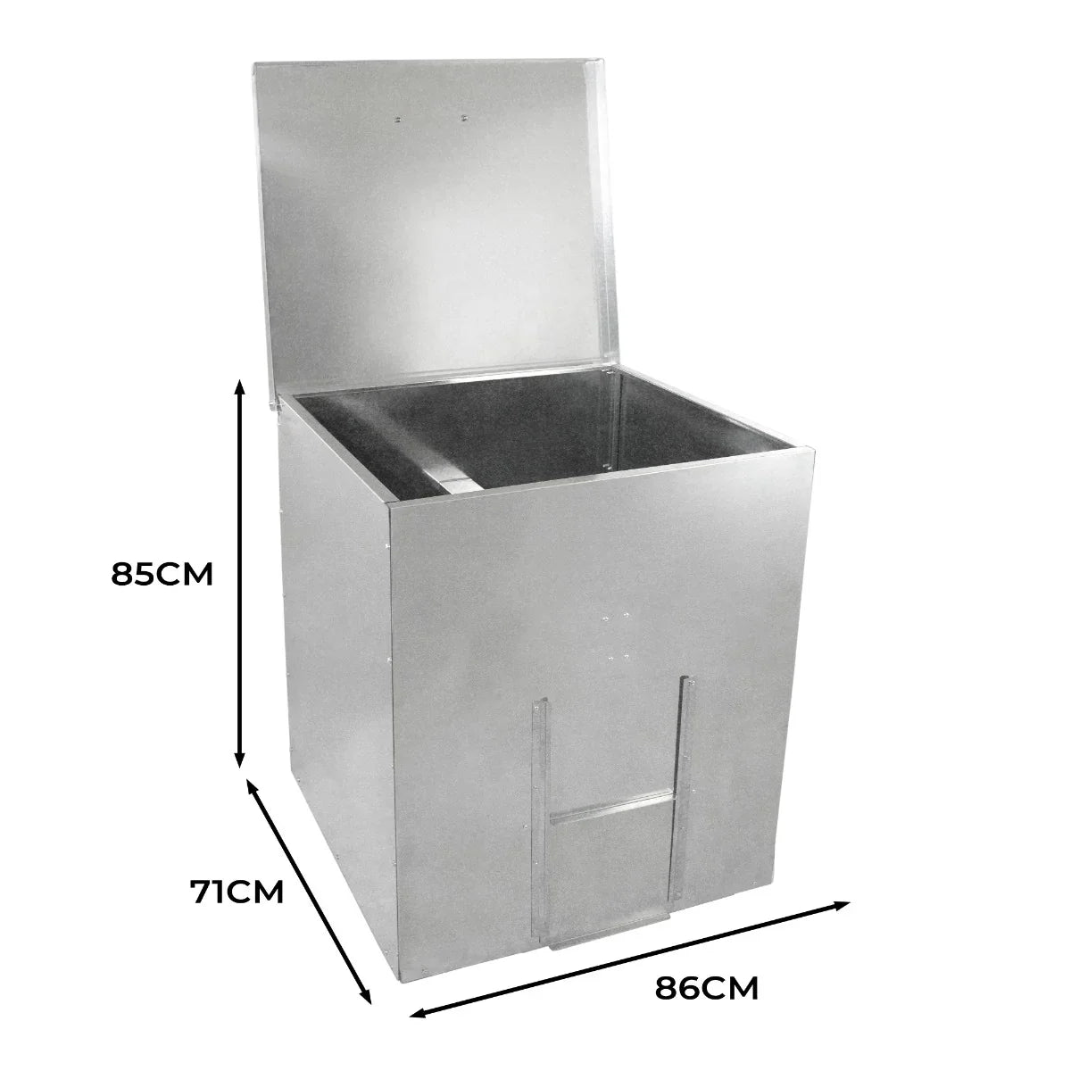 Galvanised coal bunker with a shiny silver finish, featuring a hinged lid and dimensions of 85cm height, 86cm width, and 71cm depth