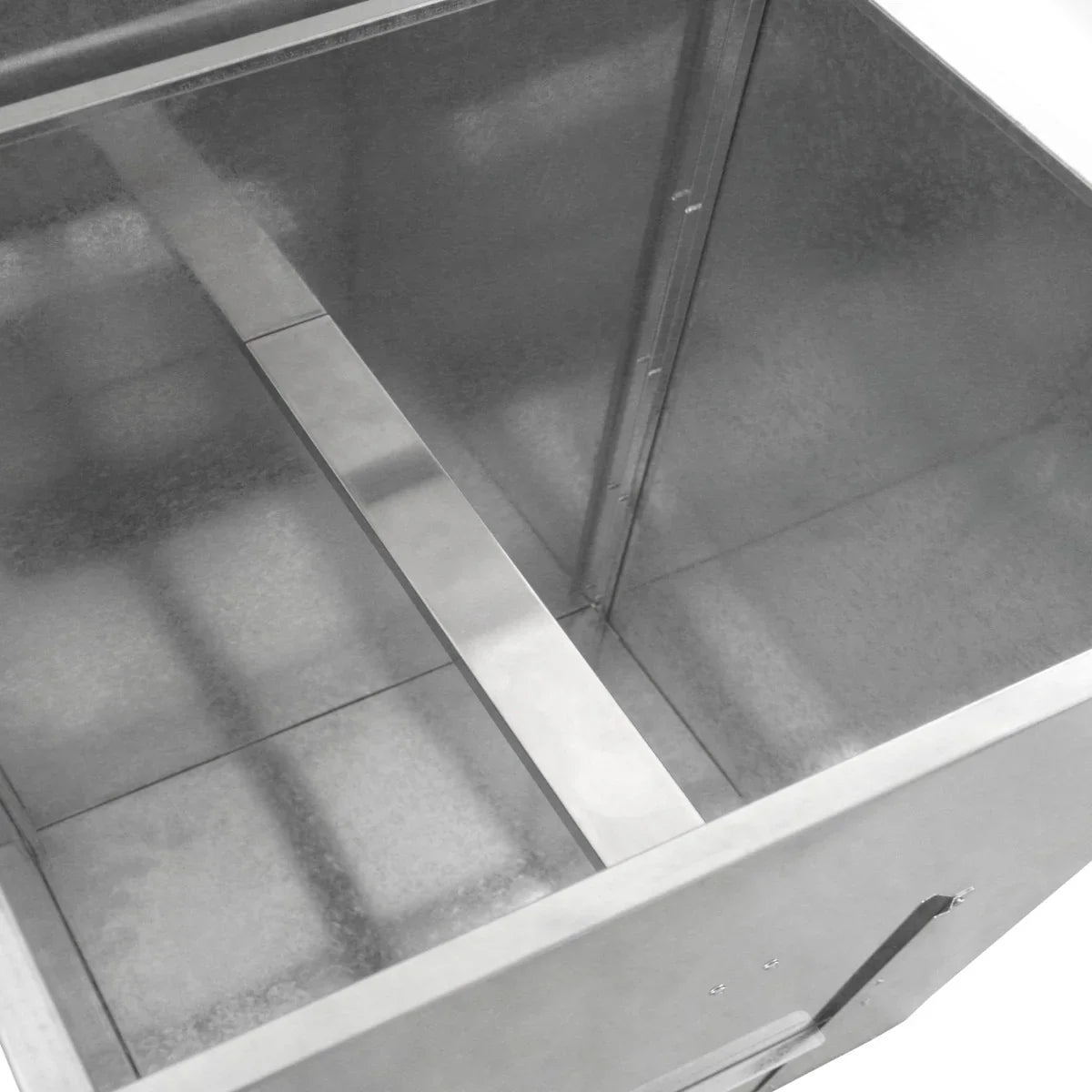 Galvanised coal bunker with a spacious, smooth interior, featuring a sturdy metal divider and a durable, rust-resistant finish