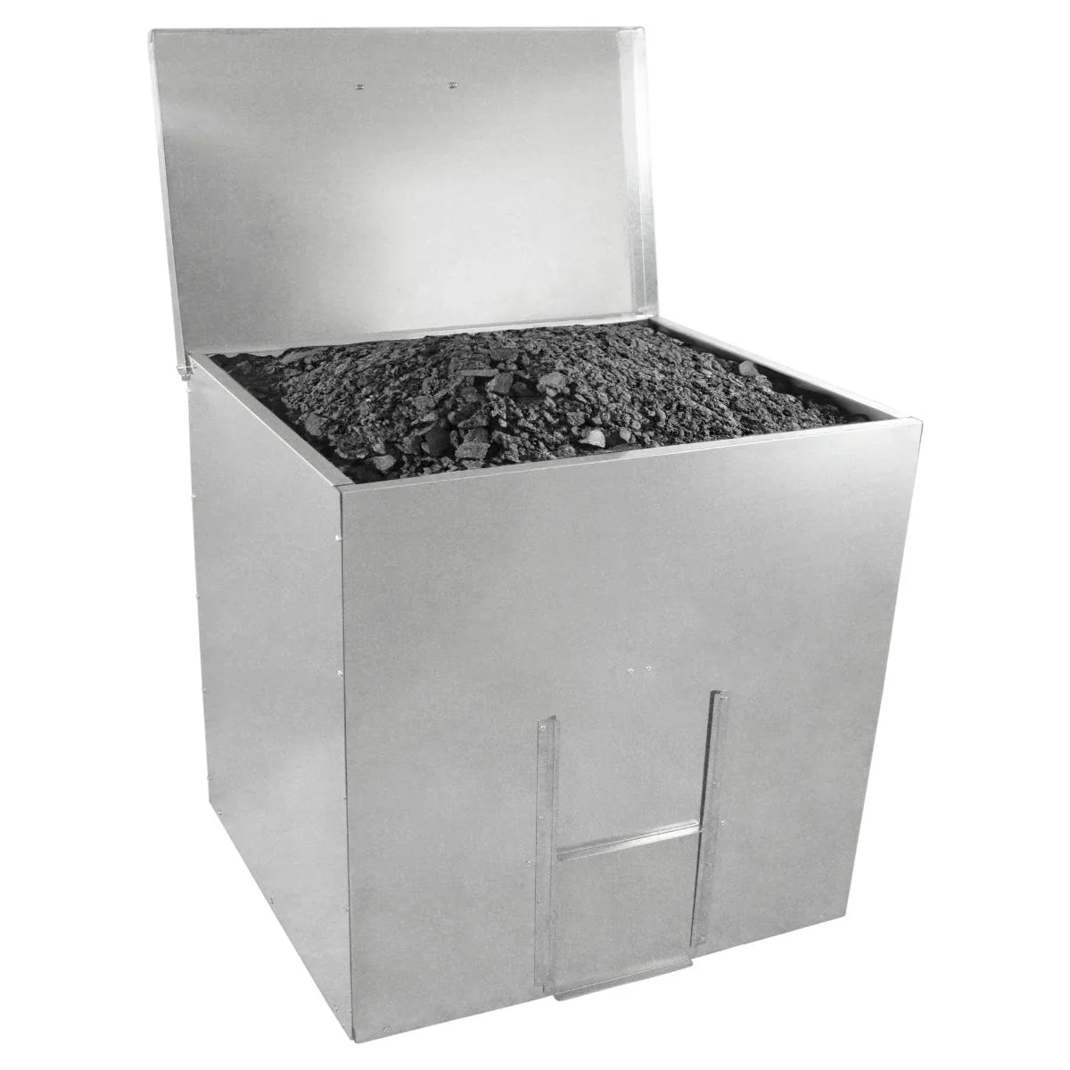 Galvanised coal bunker with a sturdy, silver finish, designed to hold up to 500kg of coal, featuring a hinged lid and vented front panel