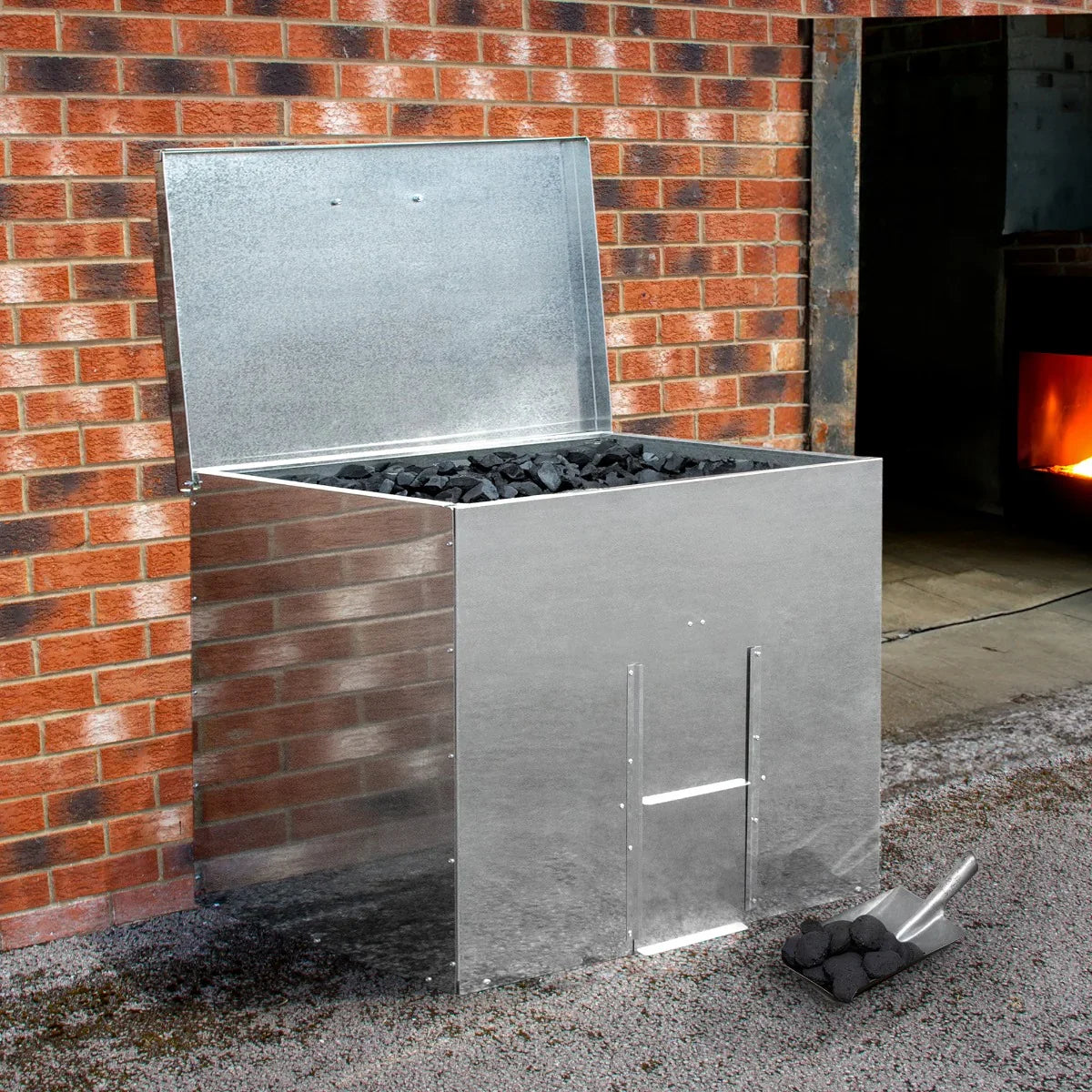 Galvanised coal bunker with a shiny silver finish, holding 500kg of coal, features a hinged lid and sturdy side access for easy loading