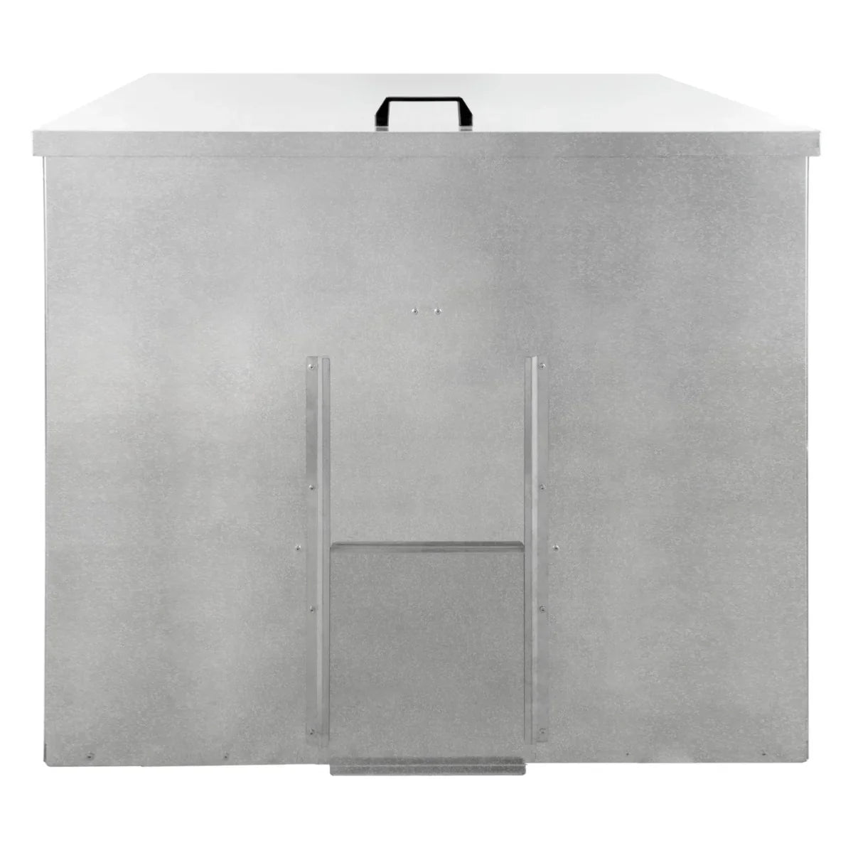 Galvanised coal bunker with a sturdy metal construction, featuring a flat top, a handle, and a front access door for easy loading