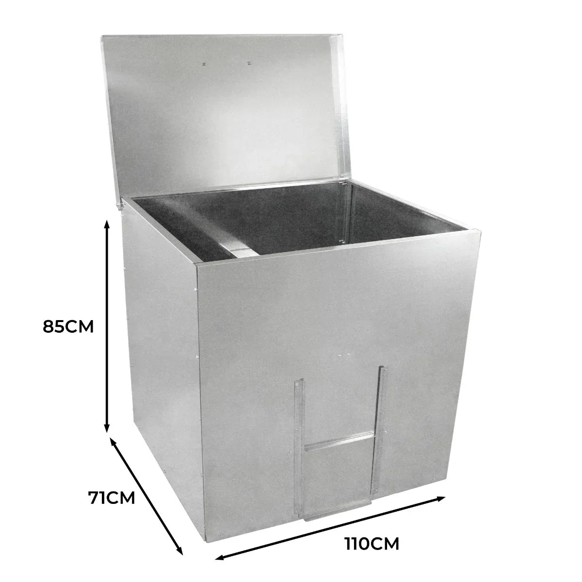 Galvanised coal bunker with a shiny silver finish, measuring 110cm wide, 85cm high, and 71cm deep, featuring a hinged lid