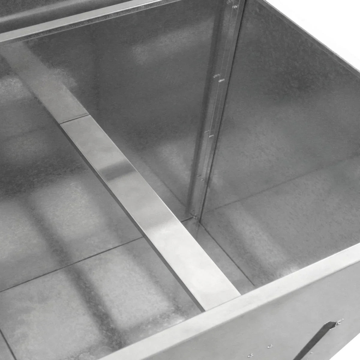 Galvanised coal bunker with a spacious interior, featuring a sturdy metal frame and a smooth, shiny surface for durability