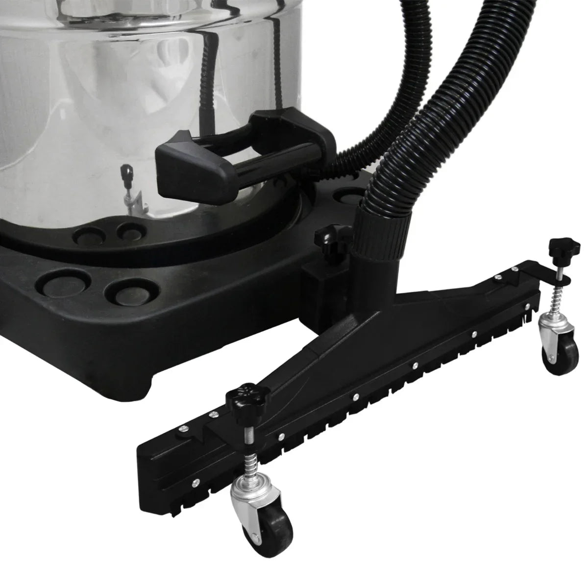 80L vacuum floor nozzle attachment with a sturdy black plastic design, featuring swivel wheels for easy maneuverability and a wide cleaning path