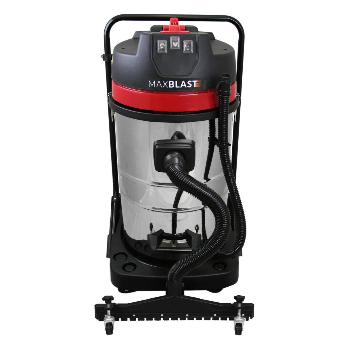80L vacuum floor nozzle attachment with a sleek black and red design, featuring a transparent tank and flexible hose for efficient cleaning