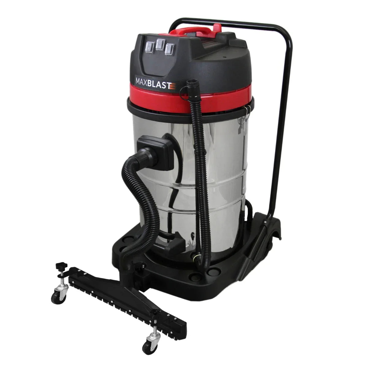80L vacuum floor nozzle attachment with a shiny stainless steel body, red accents, and a sturdy black base for easy maneuverability