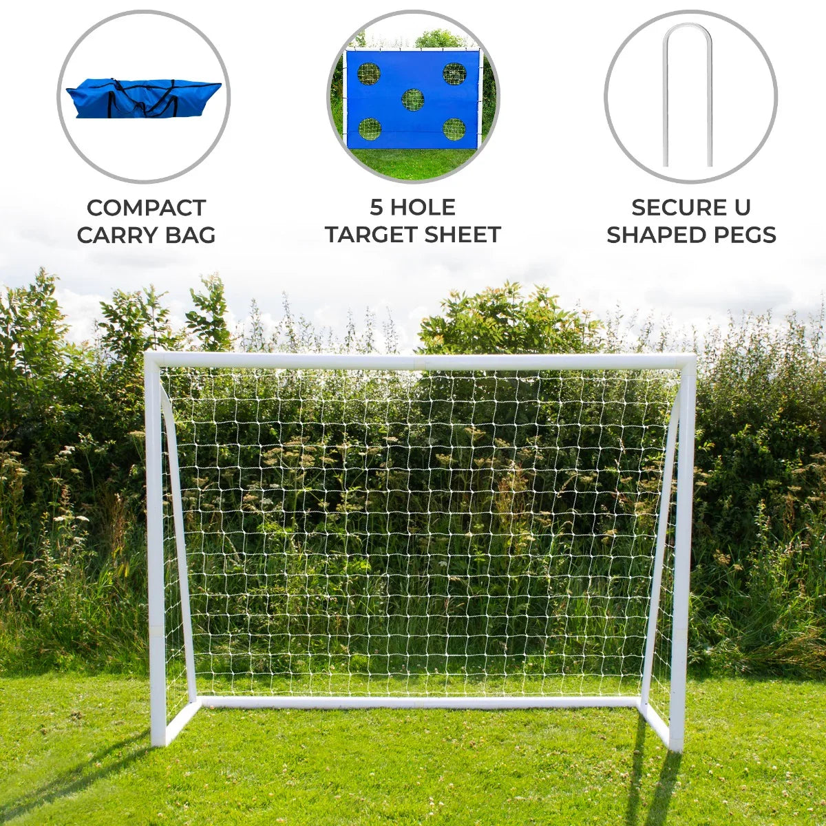 8 x 6ft football goal with white frame, netting, blue target sheet featuring five holes, and compact carry case for easy transport