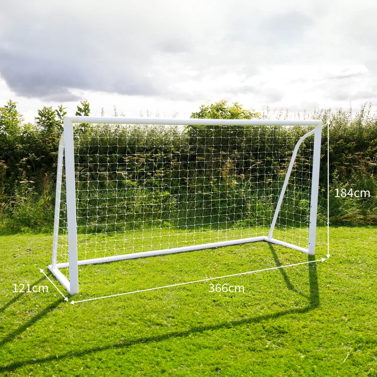 12x6ft white football goal with net, dimensions displayed, set on green grass under a cloudy sky, ideal for outdoor play