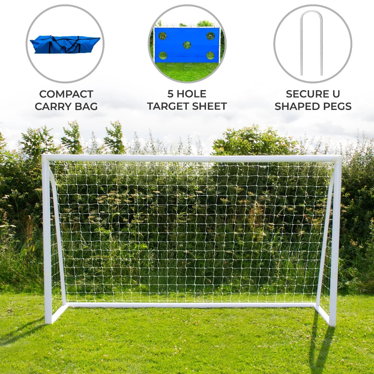 12 x 6ft football goal with white netting, blue target sheet featuring five holes, and compact carry case for easy transport