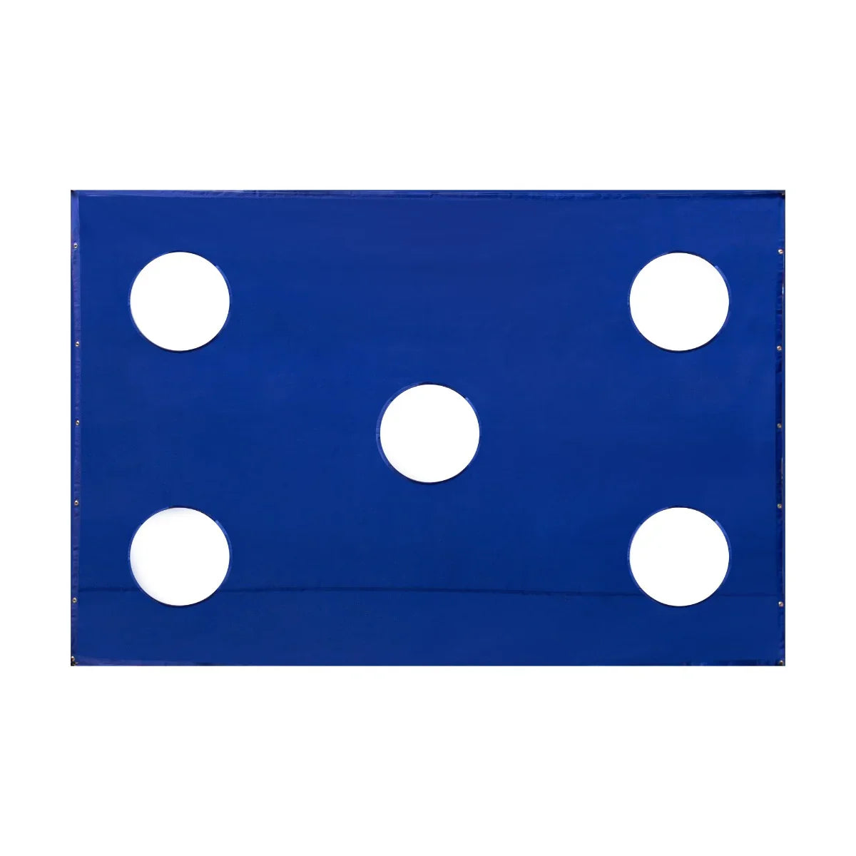 Blue golf cage target sheet featuring five circular holes for precision training, made from durable fabric for outdoor use
