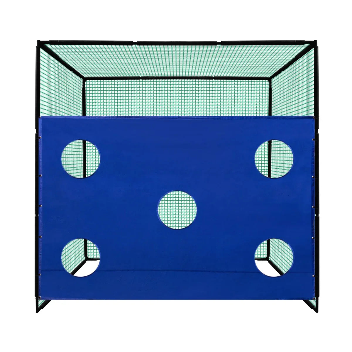 Blue golf cage target sheet with circular holes, designed for practice, featuring a durable mesh backing and sturdy frame