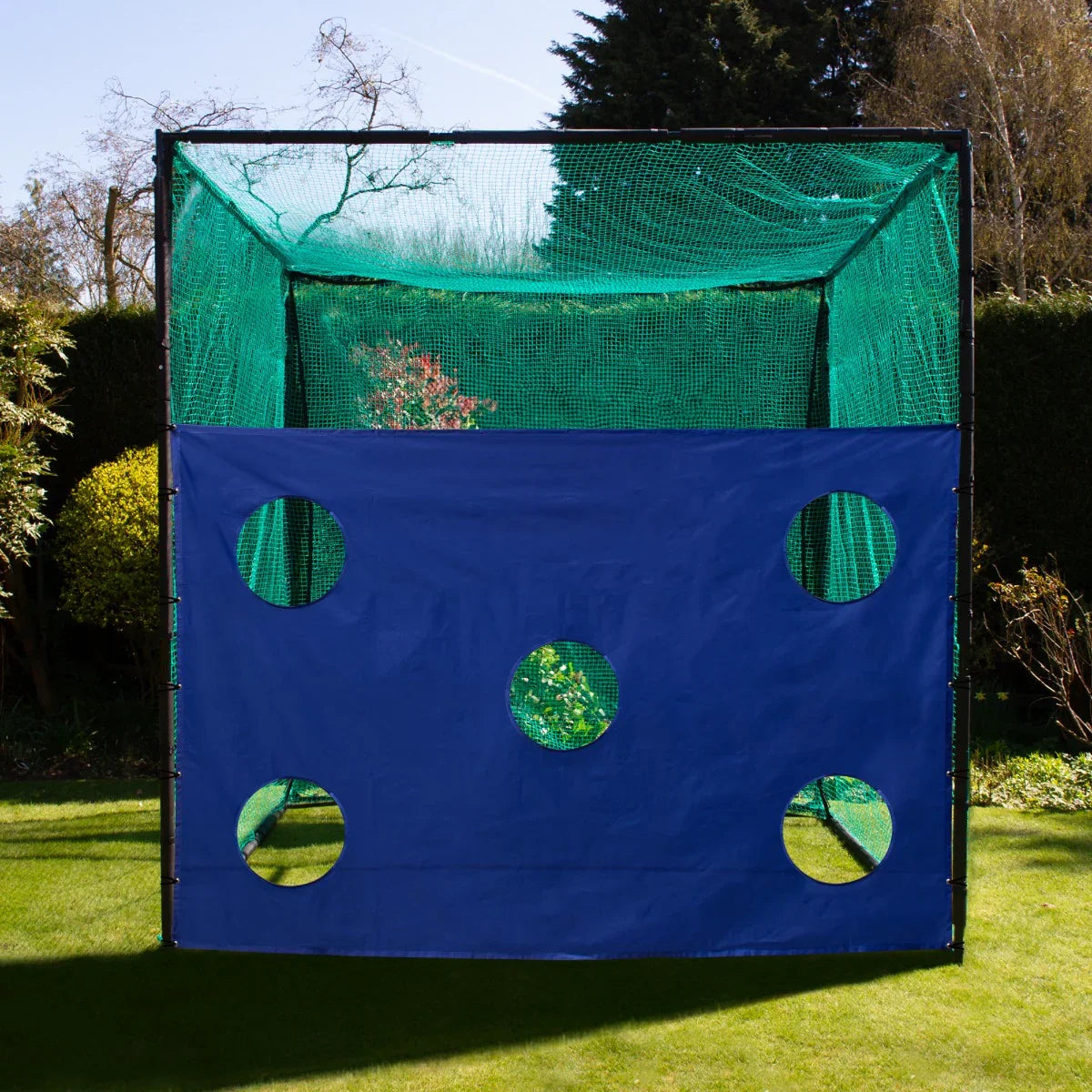 Golf cage target sheet featuring a blue panel with four circular holes, surrounded by green netting, ideal for backyard practice