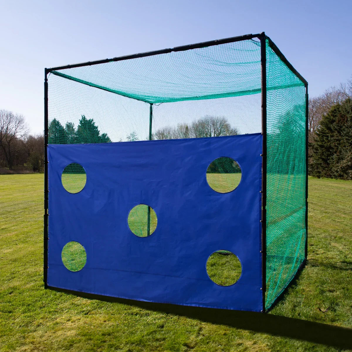 Golf cage target sheet featuring a blue fabric front with six circular target holes, framed by a durable black netting structure