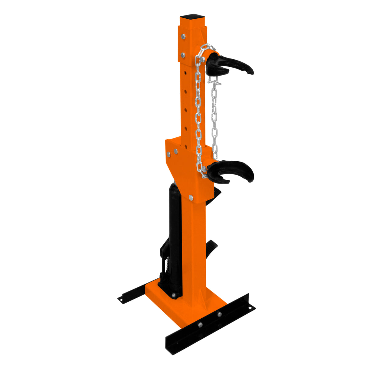 Hydraulic coil spring strut in bright orange with a sturdy metal frame, featuring adjustable hooks and a robust base for stability