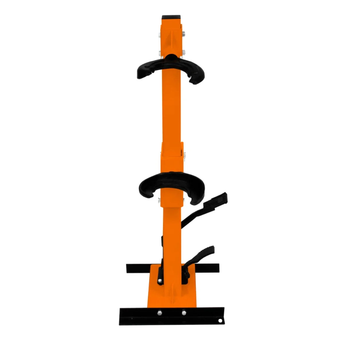 Hydraulic coil spring strut in bright orange, featuring sturdy rubber grips, a robust base, and adjustable levers for easy use