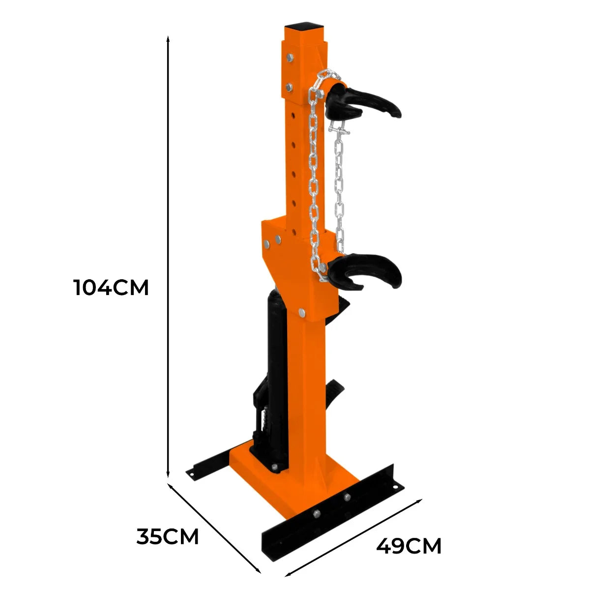 Hydraulic Coil Spring Strut 3T in bright orange, featuring a sturdy metal frame, adjustable hooks, and a chain for secure lifting
