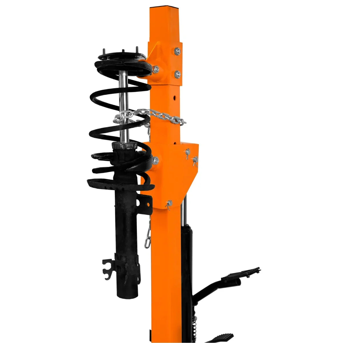 Hydraulic coil spring strut in bright orange and black, featuring a sturdy metal frame, spiral spring, and adjustable height mechanism