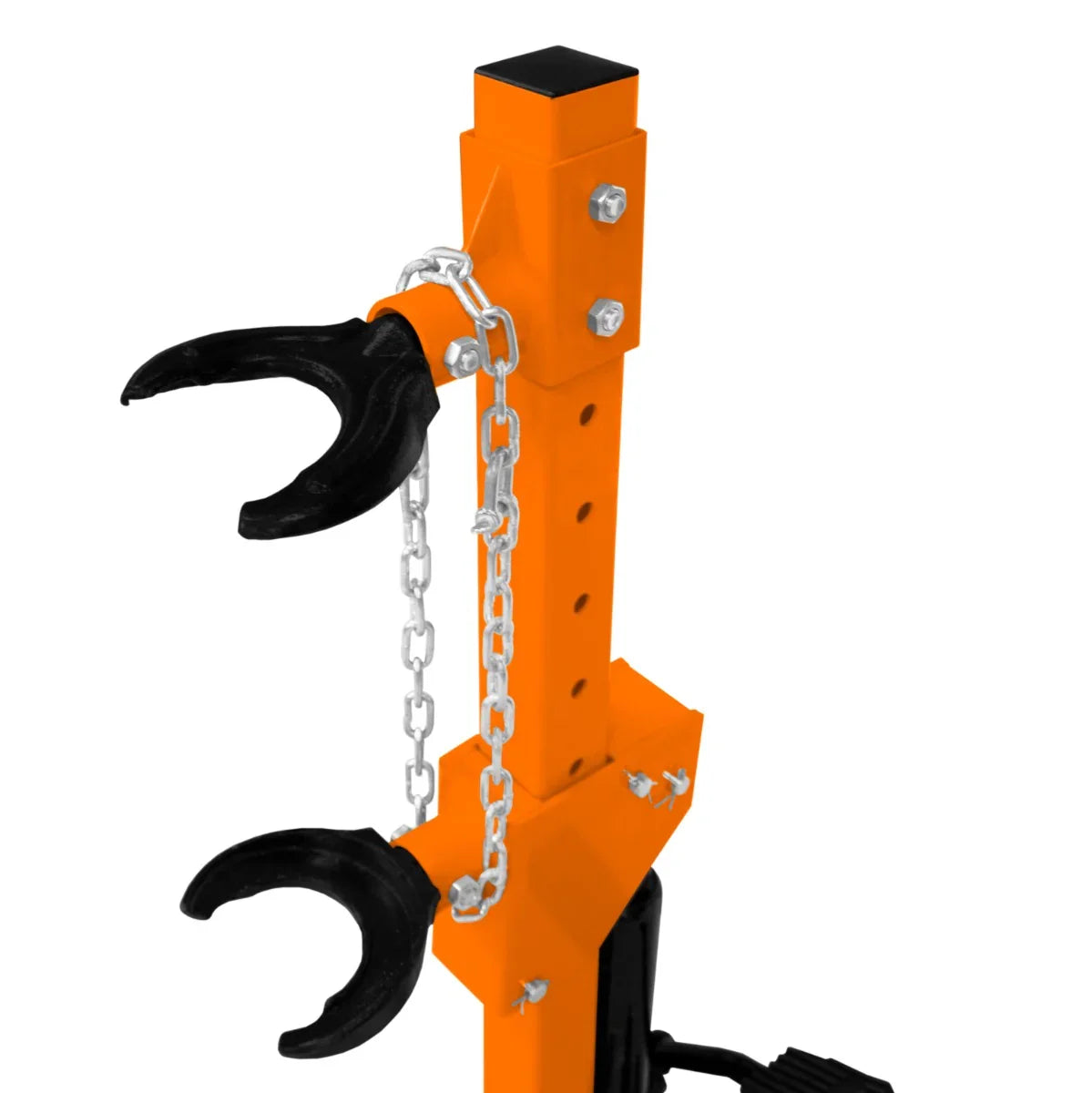 Hydraulic Coil Spring Strut 3T with sturdy orange metal frame, black rubber grips, and a chain for secure handling and stability