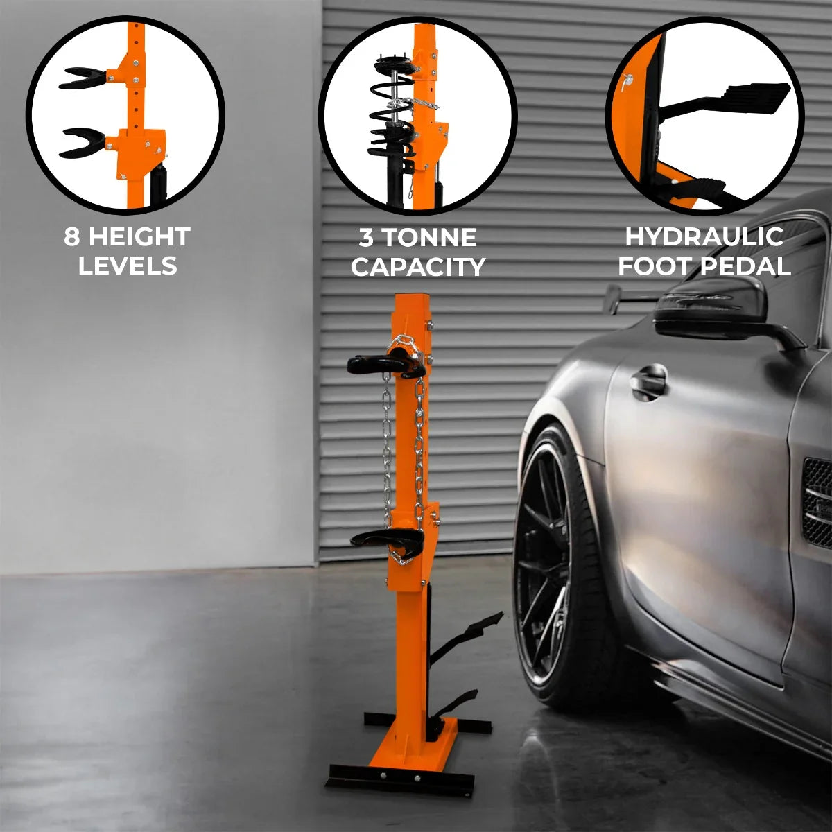 Hydraulic Coil Spring Strut 3T in bright orange, featuring 8 adjustable height levels and a hydraulic foot pedal for easy use