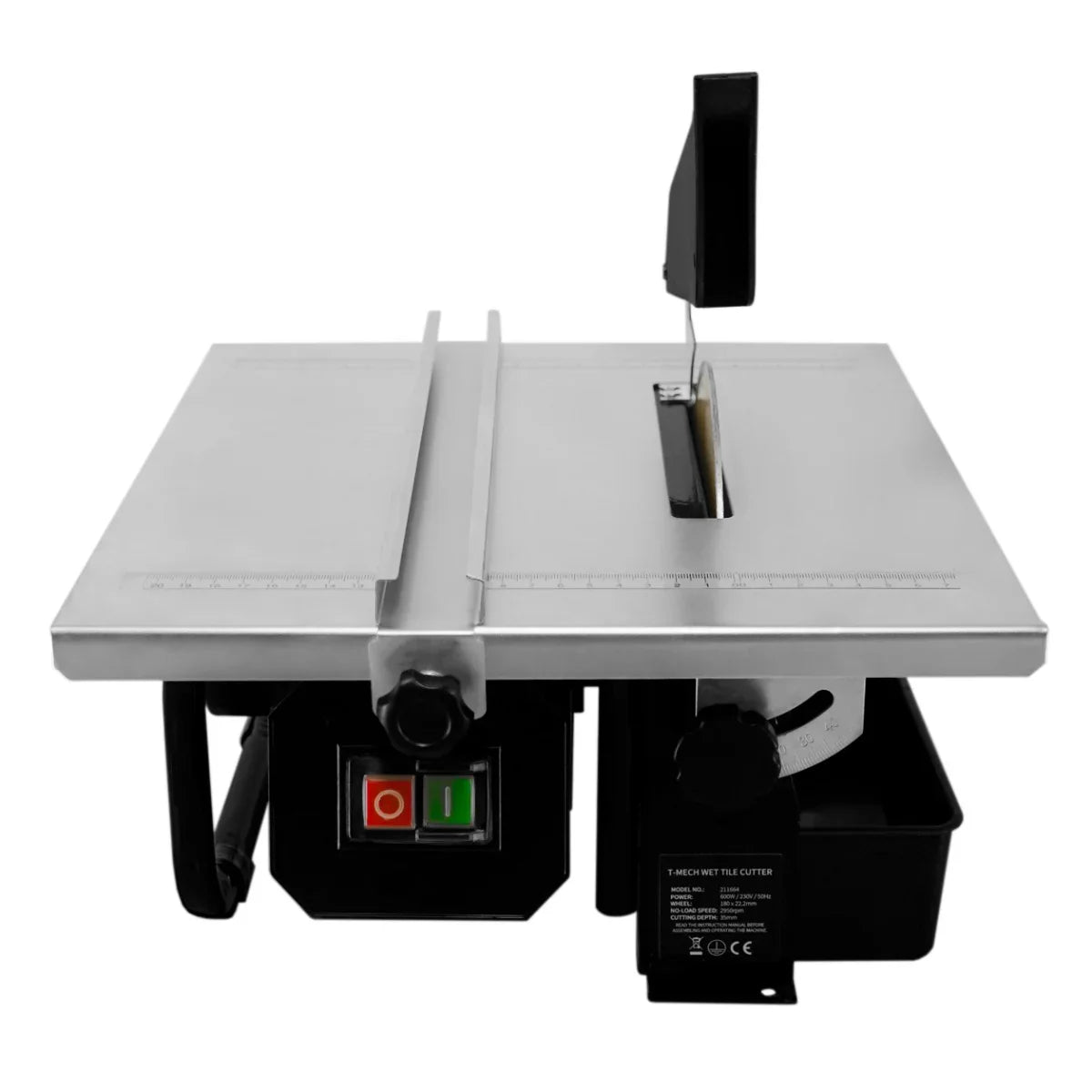 T-Mech Electric Wet Tile Cutter 600W with a sleek silver cutting surface, adjustable guide, and safety switch for precision cutting