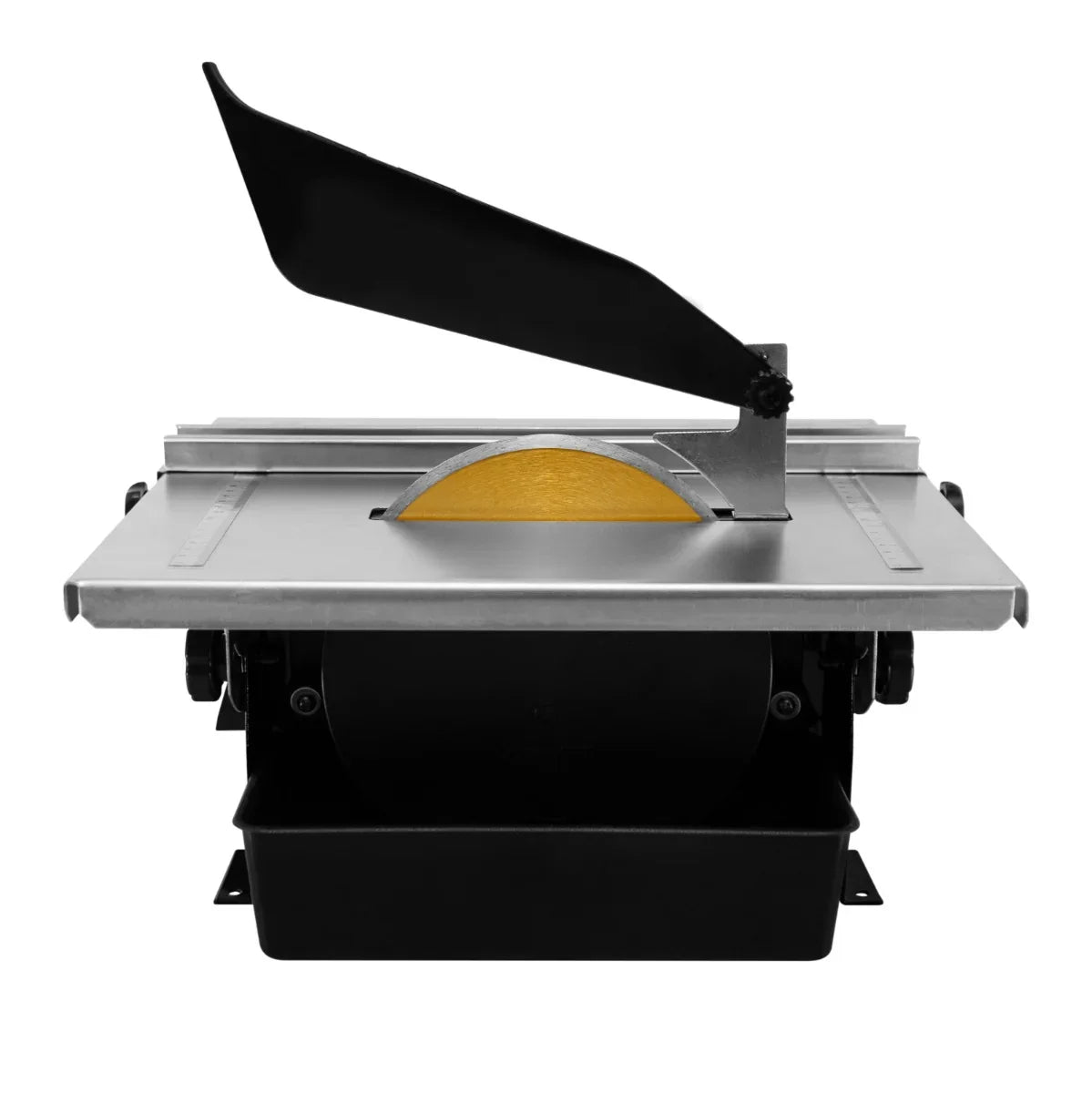 T-Mech Electric Wet Tile Cutter 600W with a stainless steel base, yellow blade, and adjustable water splash guard for precision cutting