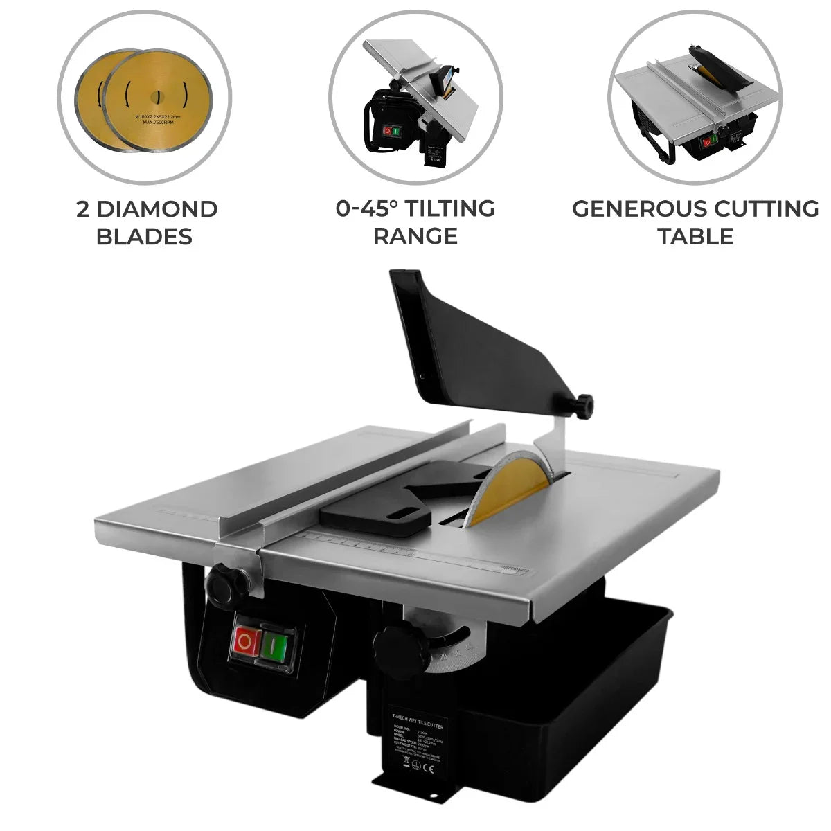 T-Mech Electric Wet Tile Cutter 600W with silver cutting table, adjustable blade angle, and two diamond blades for precise cuts