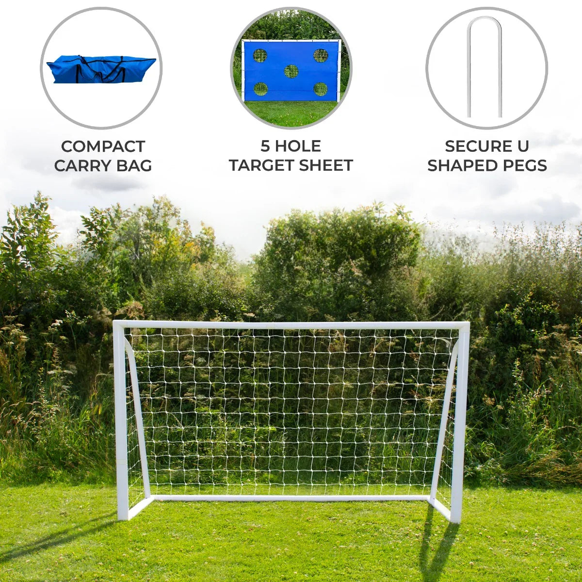 6 x 4ft football goal with white frame, netting, blue target sheet with five holes, and compact carry case on grass background