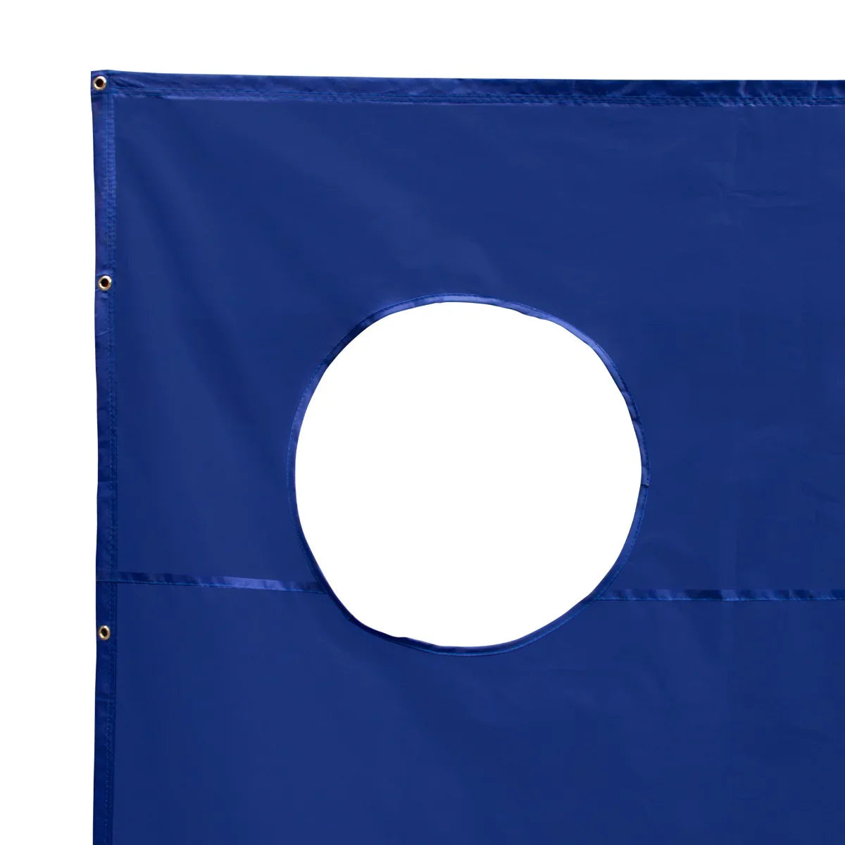 Blue football goal target sheet featuring a large circular cutout, designed for practice and skill development, durable material