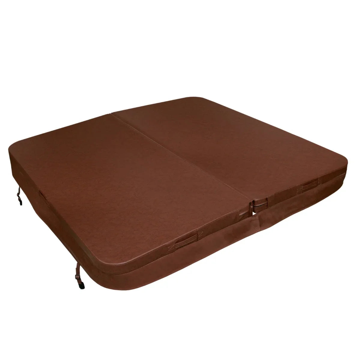 Brown 2m hot tub spa cover with a textured surface, featuring secure straps and a sleek rectangular shape for optimal insulation
