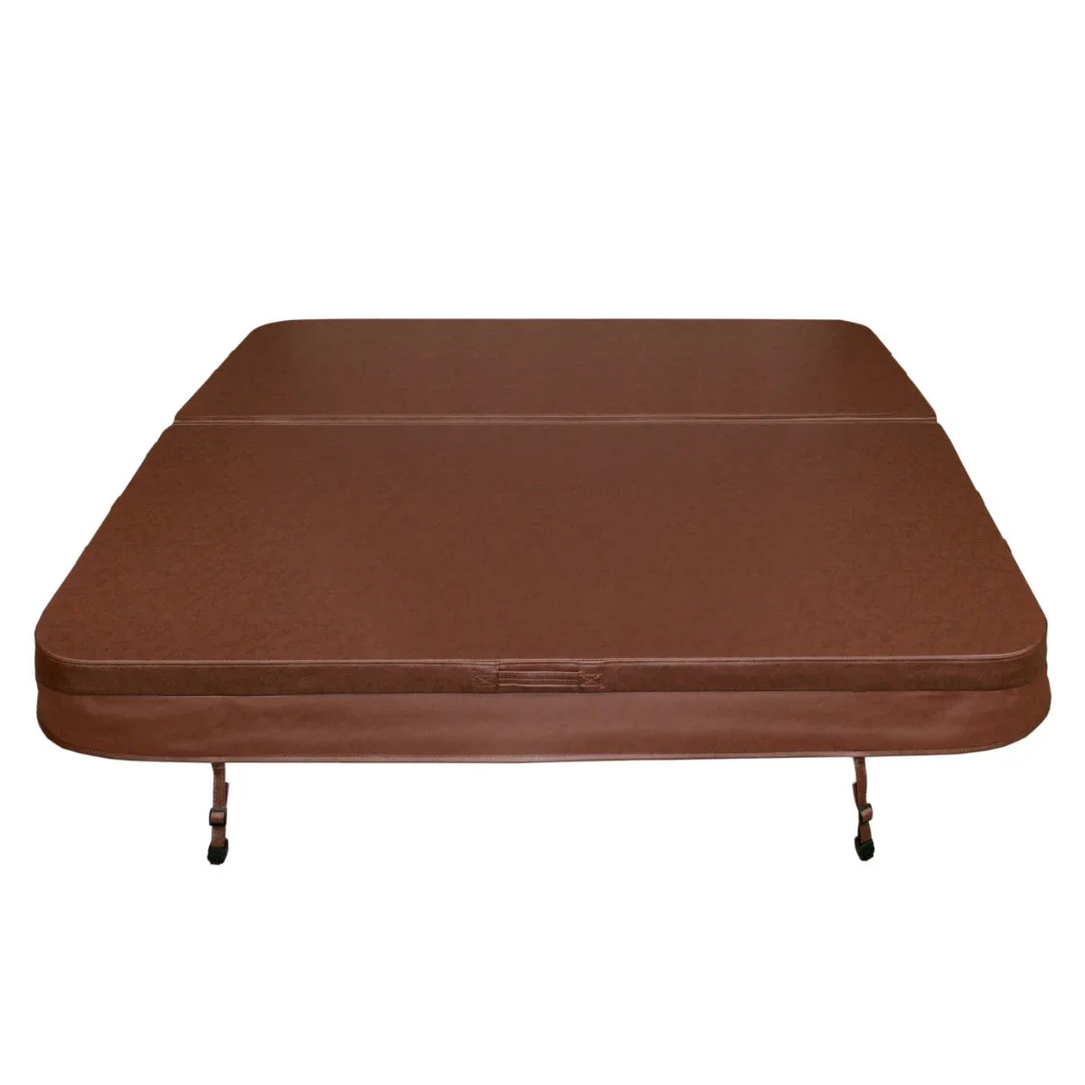 Brown 2m hot tub spa cover with a textured surface, featuring secure straps and a sleek, rectangular shape for optimal insulation