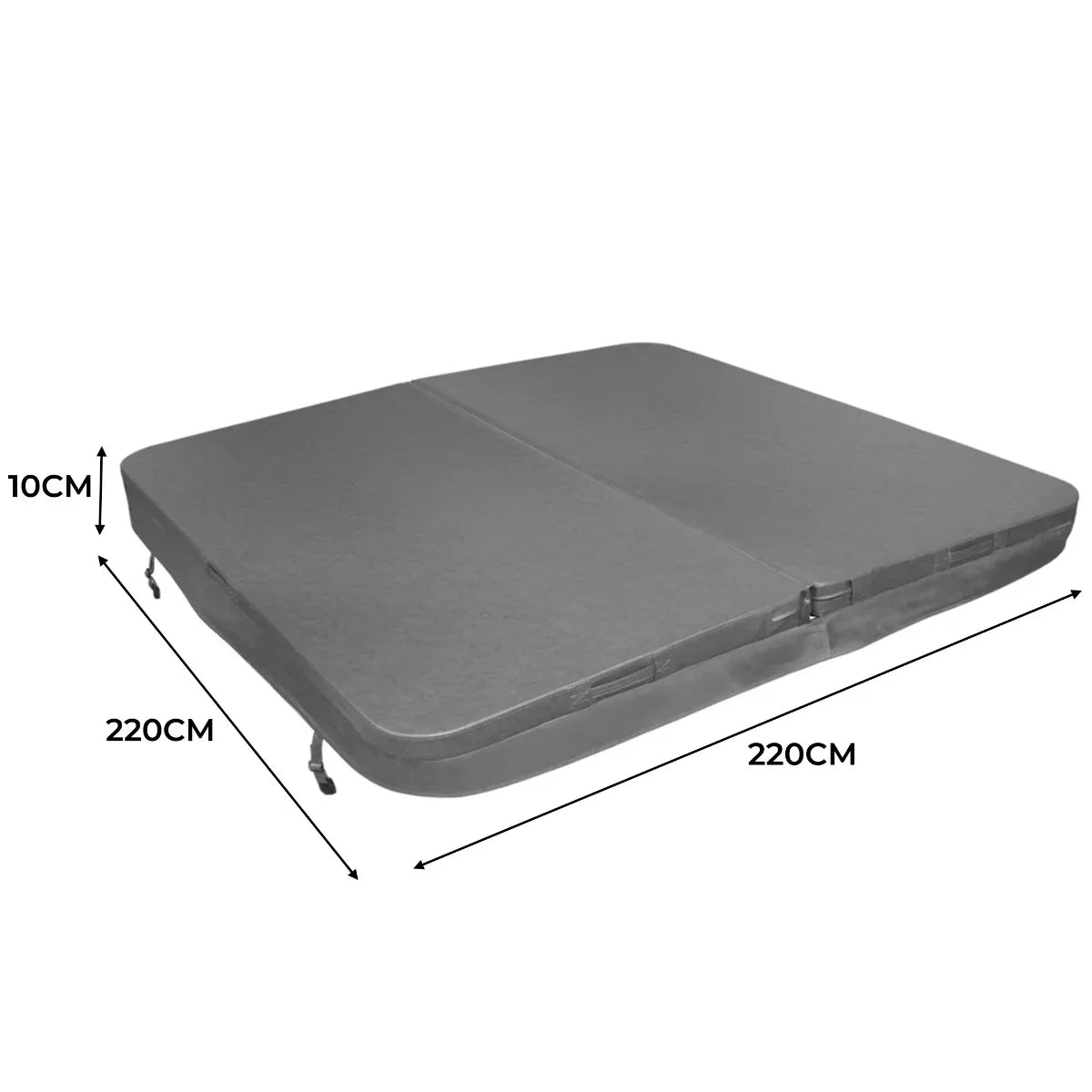 Grey 2.2m hot tub spa cover with a smooth texture, featuring a rectangular shape and dimensions of 220cm x 220cm x 10cm