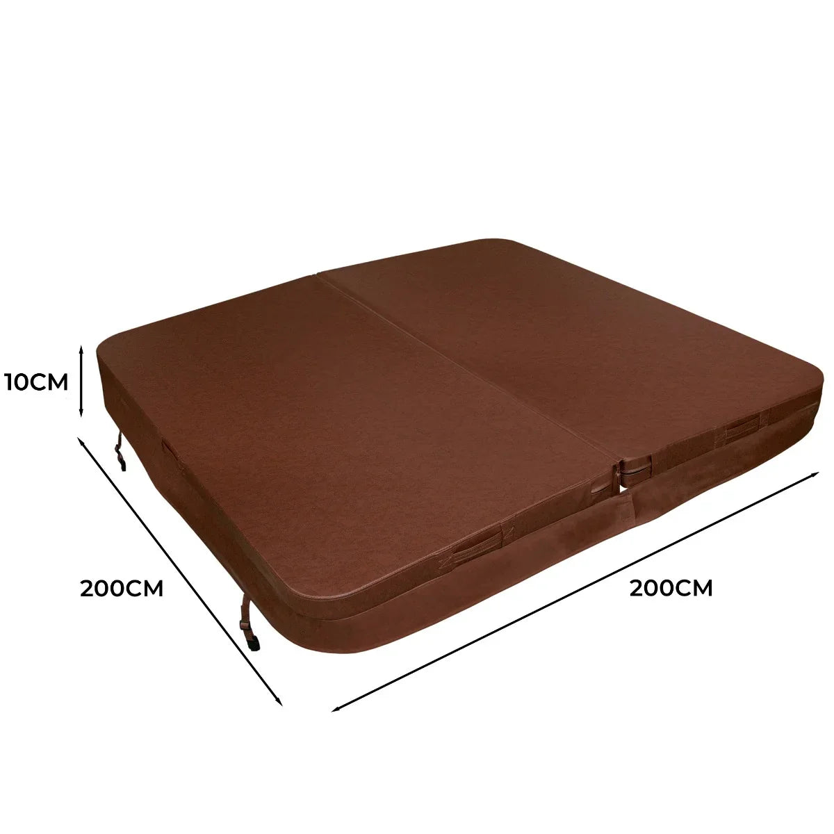 Brown 2m hot tub spa cover with a textured surface, featuring dimensions of 200cm x 200cm and a 10cm thickness for durability