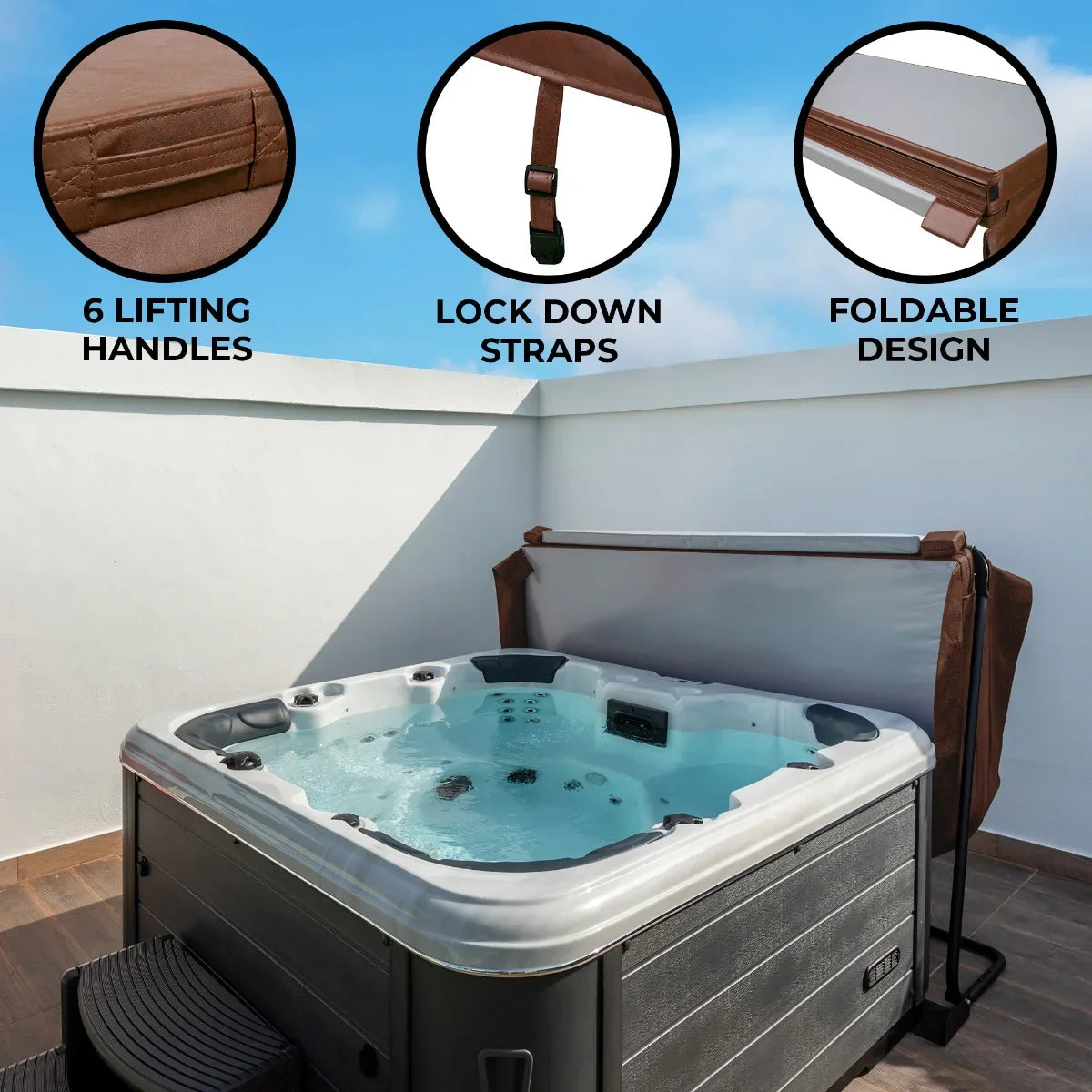 Brown 2m hot tub spa cover featuring six lifting handles, lock down straps, and a foldable design for easy storage and use