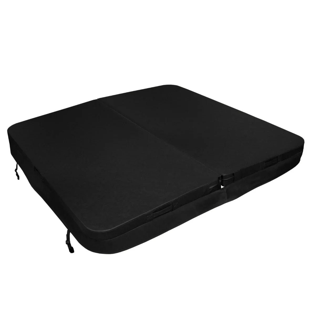Black 2m hot tub spa cover with a smooth texture, durable material, and secure straps for easy attachment and protection