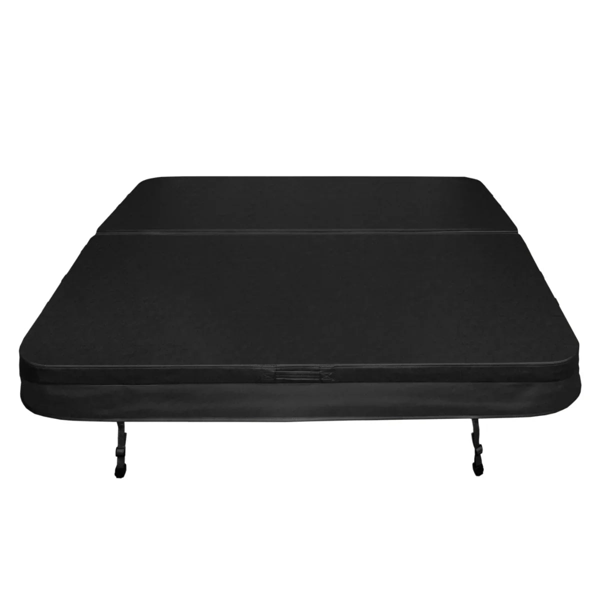 Durable black 2m hot tub spa cover with a smooth texture, designed for protection and insulation, featuring secure fastening straps
