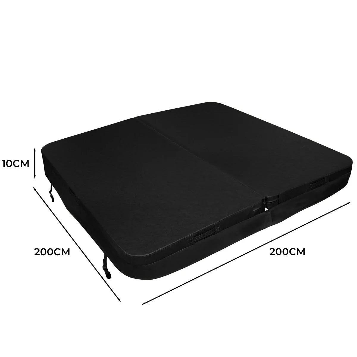 Black 2m hot tub spa cover with a smooth texture, featuring a foldable design and dimensions of 200cm x 200cm x 10cm
