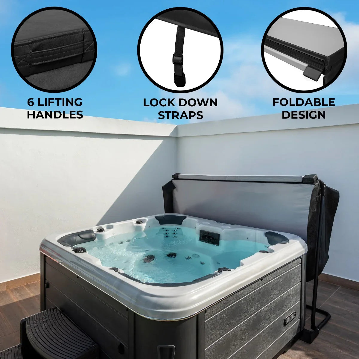 Black 2m hot tub spa cover featuring six lifting handles, lock down straps, and a foldable design for easy storage and use