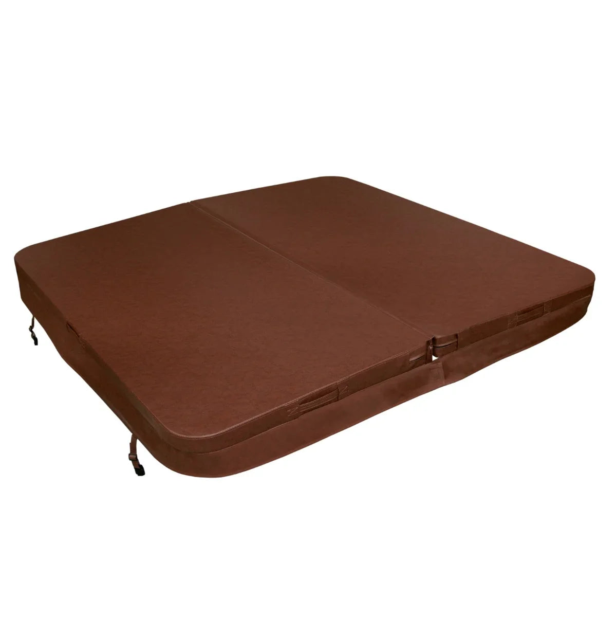 Brown 2.1m hot tub spa cover with a textured surface, featuring secure straps and a sleek, rectangular design for optimal protection