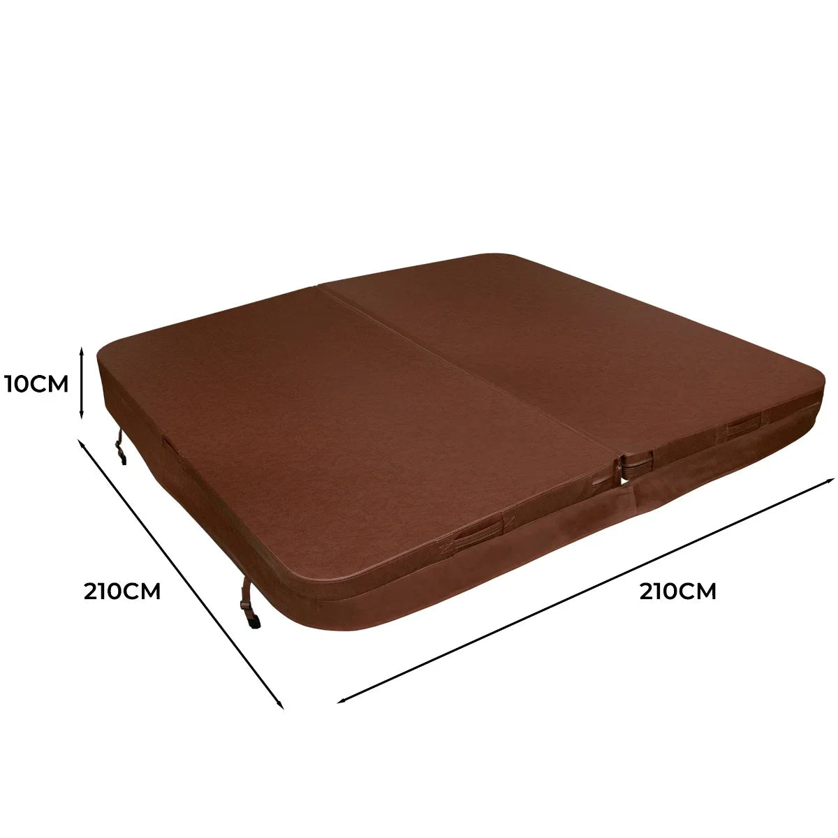 Brown 2.1m hot tub spa cover with a smooth texture, measuring 210cm x 210cm and 10cm thick, designed for durability and insulation
