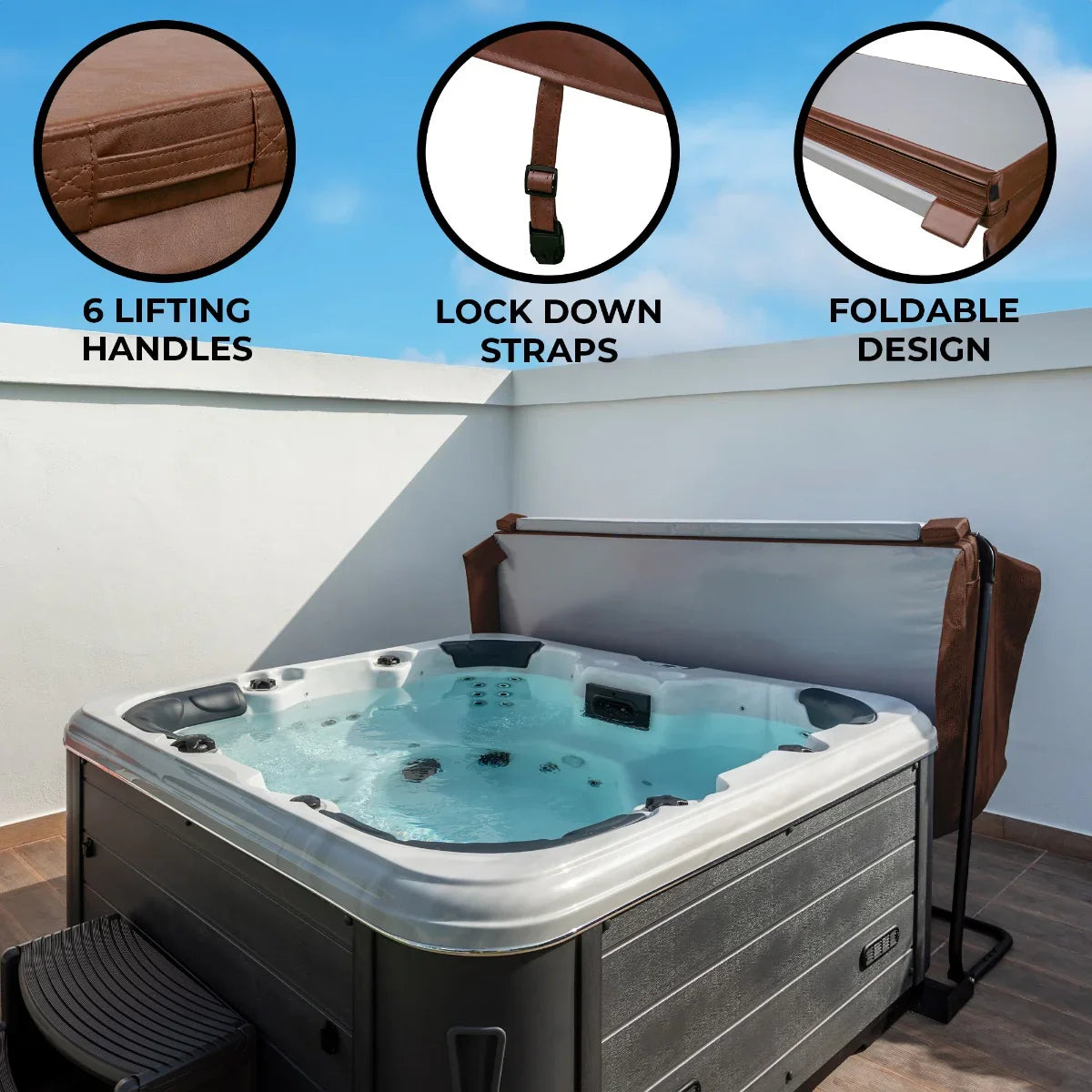 Brown 2.1m hot tub spa cover featuring six lifting handles, lock down straps, and a foldable design for easy storage and use