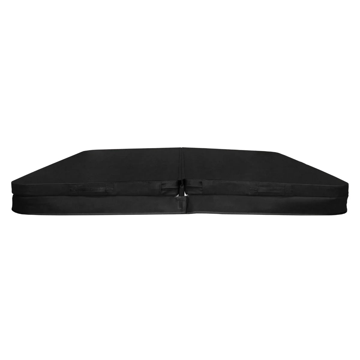 Durable black 2.1m hot tub spa cover with a sleek, flat design and secure fastening straps for optimal insulation and protection