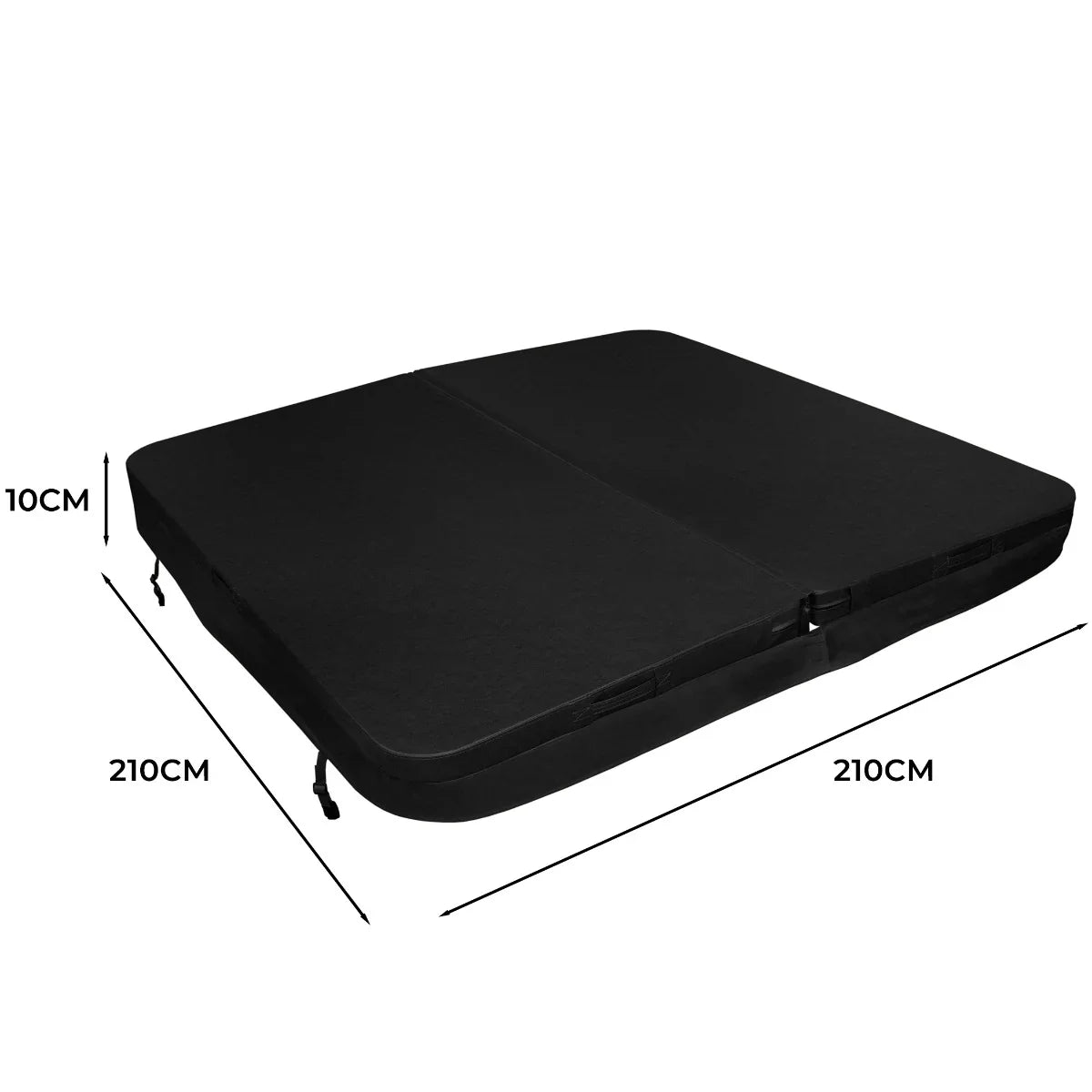 Black 2.1m hot tub spa cover with a smooth texture, measuring 210cm x 210cm and 10cm thick, designed for durability and insulation